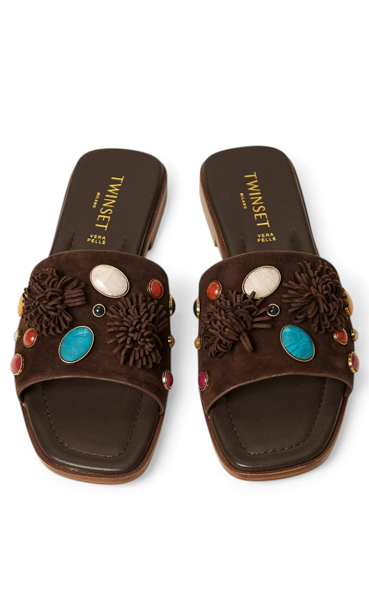 TWINSET: Замшевые шлепанцы с декоративными камнями